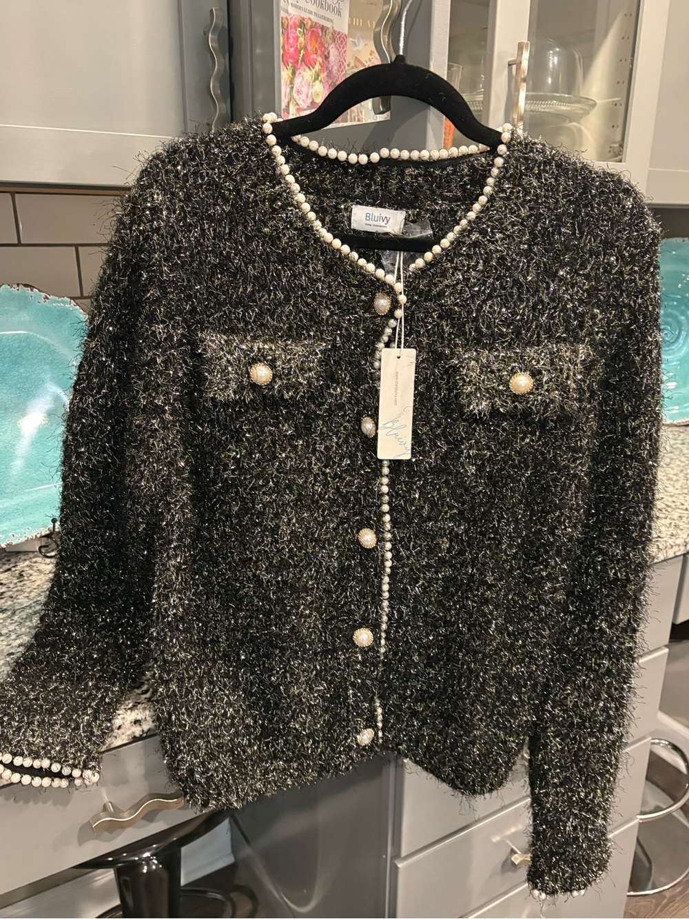 Bluivy Black Metallic Tweed Pearl-Trim Cardigan Jacket